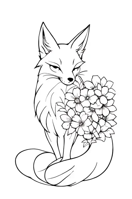 Kitsune With Flowers Against The Background