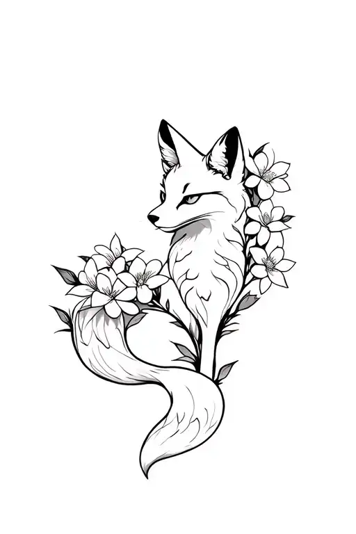 Kitsune With Flowers Against The Background