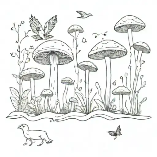 A Mushroom Forest With Birds And Bugs In The Background