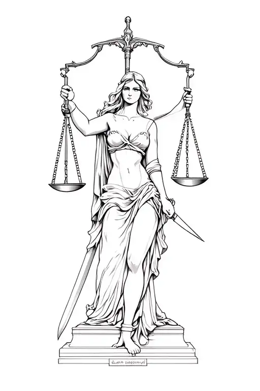 Stading Sexy Lady Of Justice Holding Scales Of Justice In One Hand And A Sword In The Oher Hand