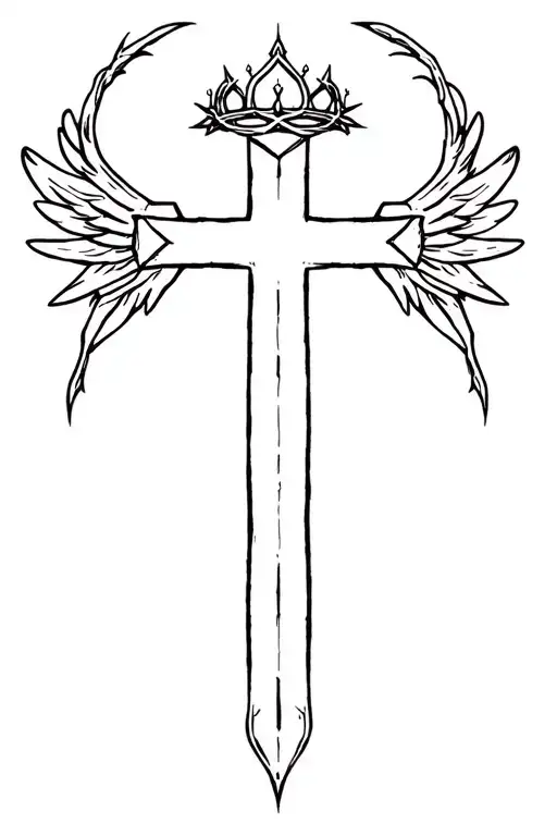 Tattoo Of A Three Nail Cross With A Crown Of Thorns And Wings