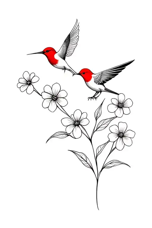 Fine Line Redbird And Humming Bird With Five Flowers