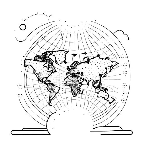 A Minimalist Tattoo Of A World Map With A Dotted Line Tracing The Client's Travel Routes