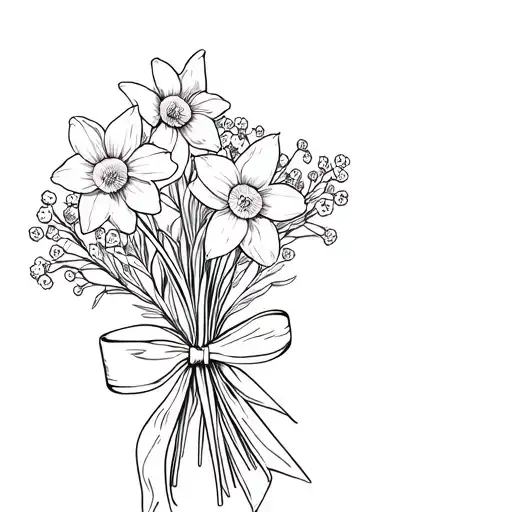 Black And White Line Drawing Tattoo Of Daffodil And Babies Breath Bouquet Tied With A Thin Ribbon