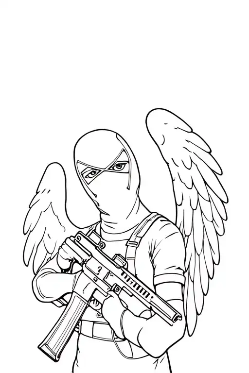 Make A Black And White Outline Of An Angel In A Black Ski Mask Holding And Ak-47 Assault Rifle