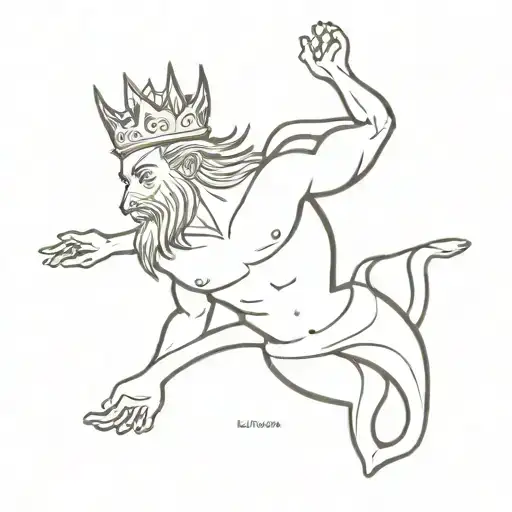 Men's Tricep Tattoo Of A Triton And Crown With The Name Lindalva