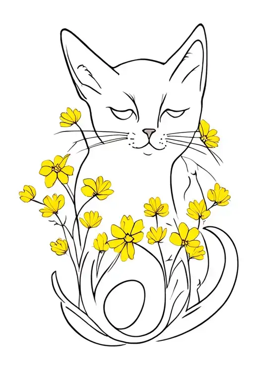 Cat With Yellow Flowers Intertwined