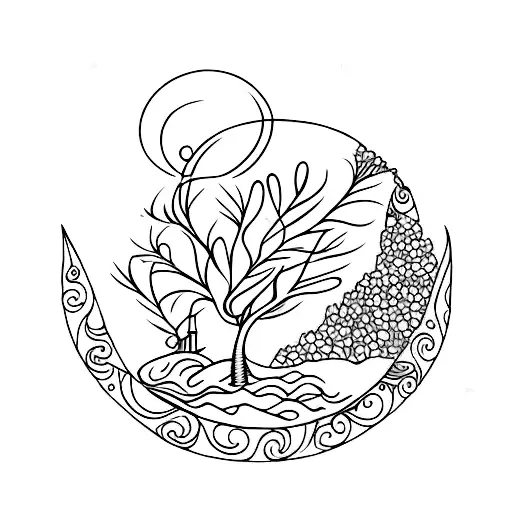 A Whimsical Design Of A Hazelnut Tree Growing Under A Crescent Moon