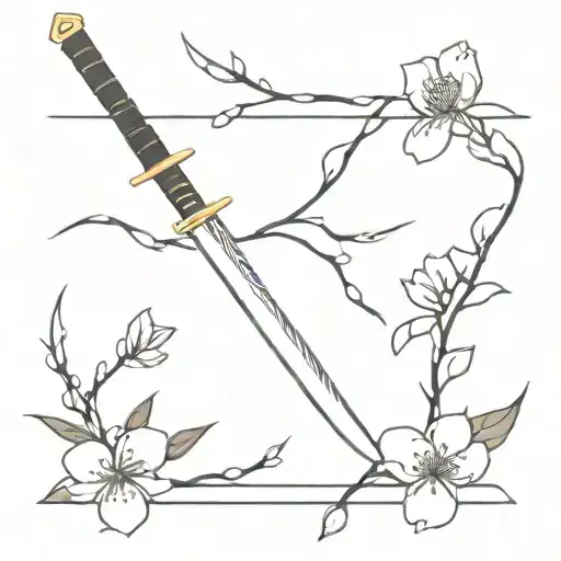 Japanese Cherry Blossom And Katana Sword