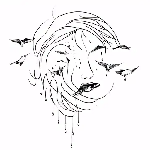 Person With Birds Flying And Cryin Tears That Turn Into Fish