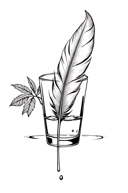 A Feather In A Small Glass Of Ink With Some Water Around And Some Jungle Leaf And Tree