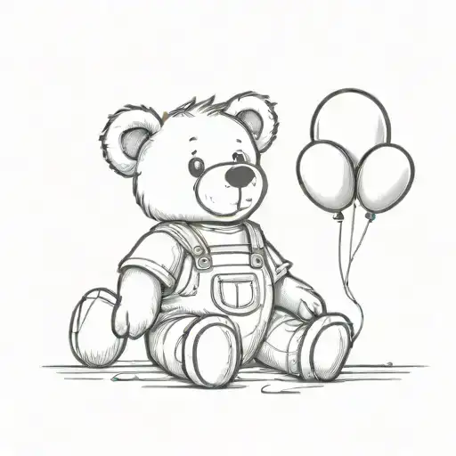 Sitting Teddy Bear Wearing Overalls Holding Two Balloons