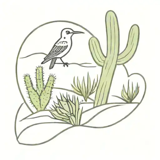 A Zia Symbol With Cactuses Yucca Plants And A Small Road Runner All Inside