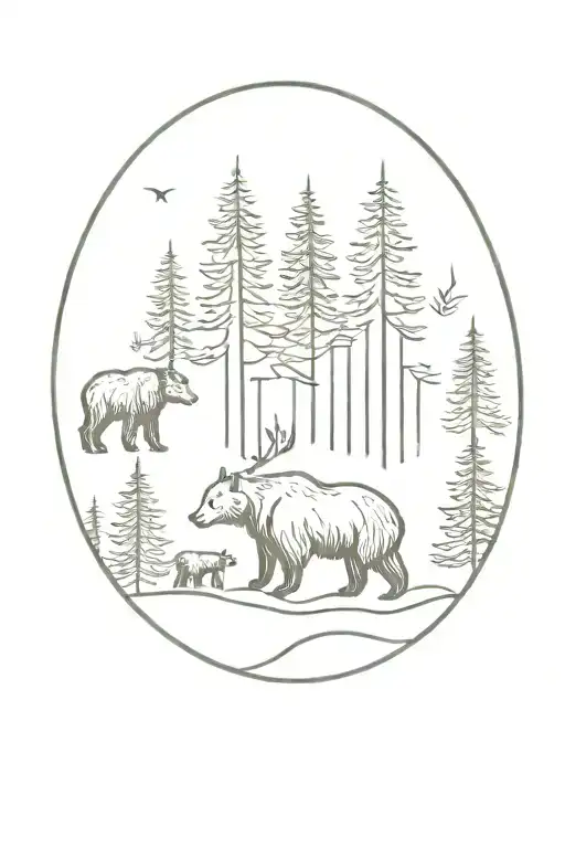 Bears And Moose And Pine Tree Forest