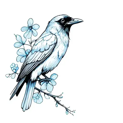 Illustrative Crow With Forget Me Nots And Wood Sorrel