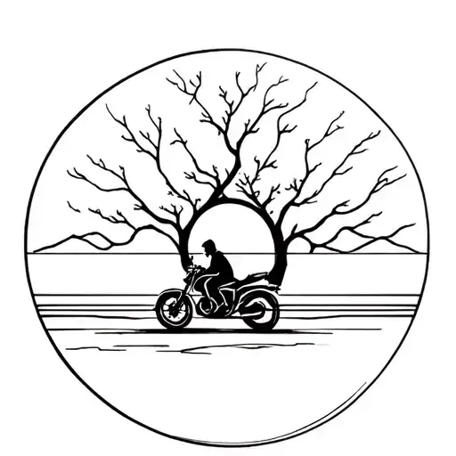 Tree Of Life And Motorcycle Riding With Sunset