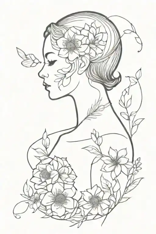 Female Silhouette Merged With Bunch Of Various Flowers