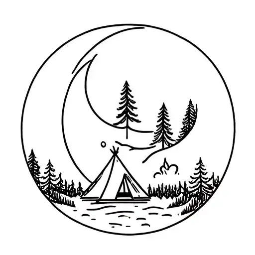 Crescent Moon With Pine Tree And Camp Fire Tent Inside