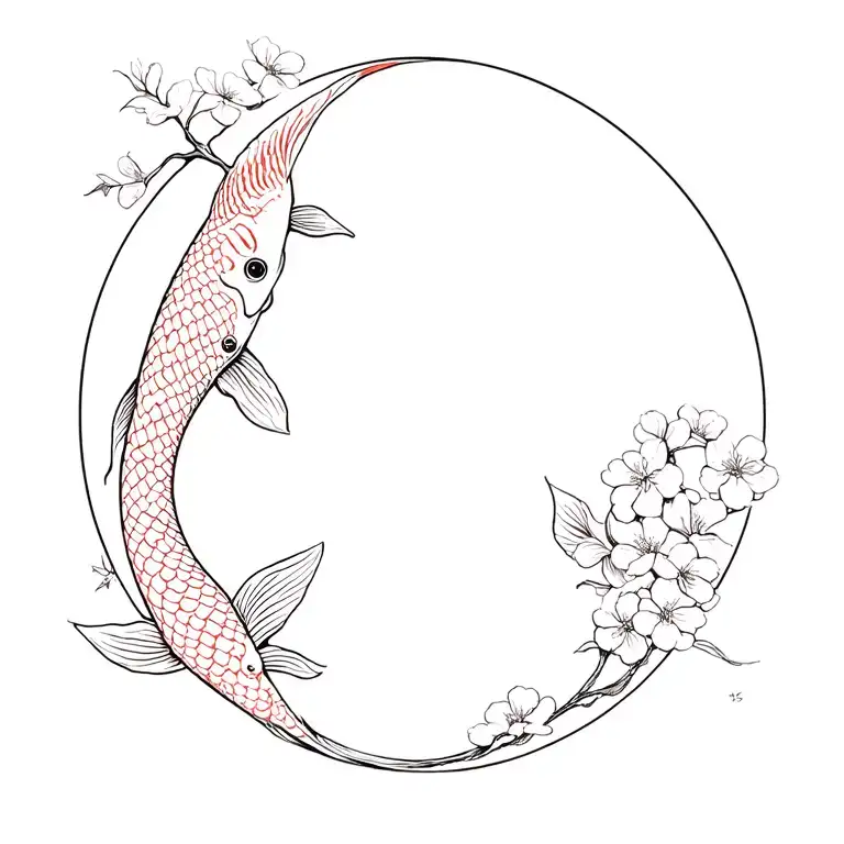 Koi Fish Yin Yang Moon Cherry Blossoms