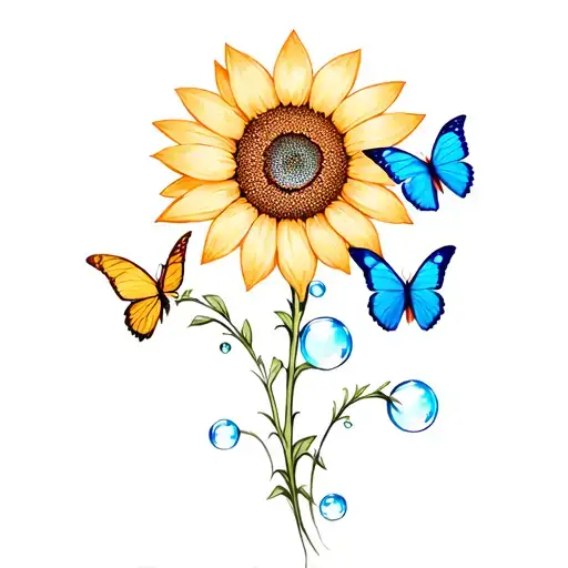Sunflower And Blue Butterfly With Three Bubbles In The Stem