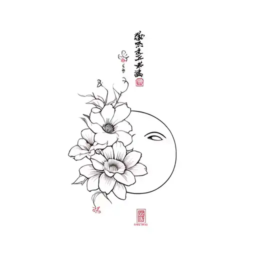 Japanese Flowers With Hannya's Mask And A Sun