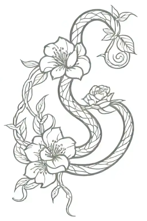 Snake And Vine Intertwining With Flowers Growing