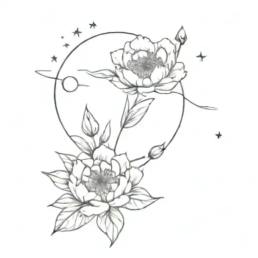 Peony And Cosmos Flowers With Moon And Saturn Simple