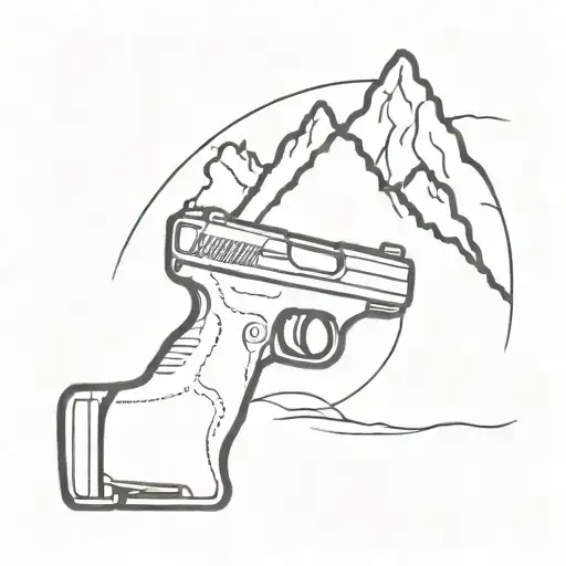 A Minimalist Tattoo Of A Gun With Intricate Mountain Scenery Inside The Barrel