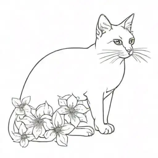 Outline Of A Silhouette Of A Cat With Santan Flowers