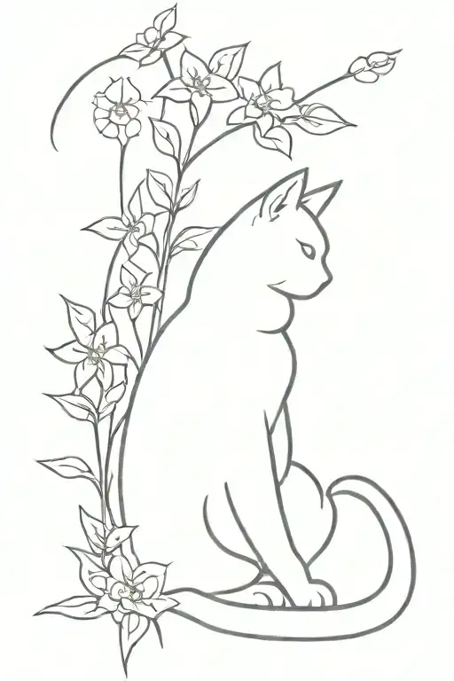 A Very Simple Outline Of A Silhouette Of A Cat With Santan Flowers