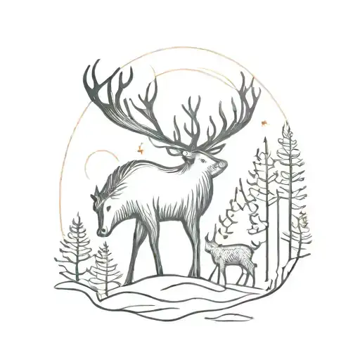 A Mystical Forest Scene With Hidden Deer And Boar Silhouettes
