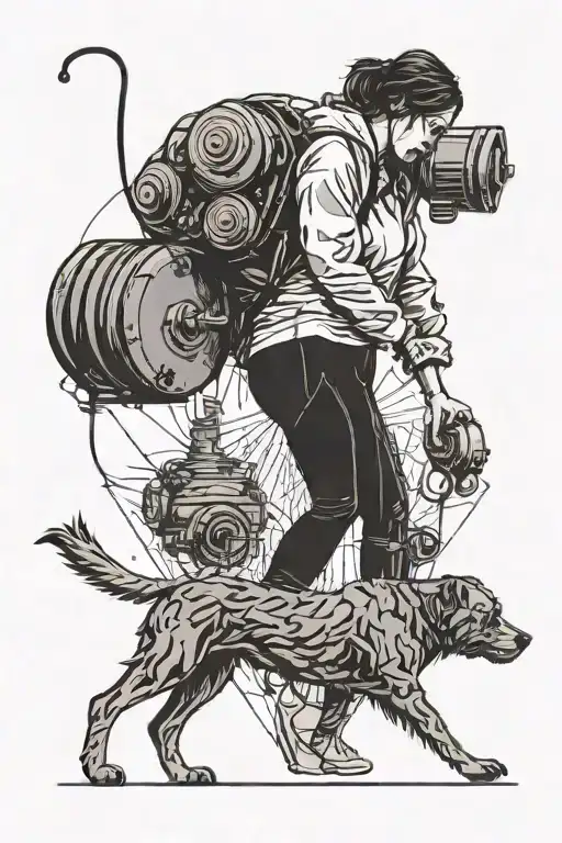 A Woman In Tights Carrying Dumbells Walking Away With A Small And Big Dog Following Her