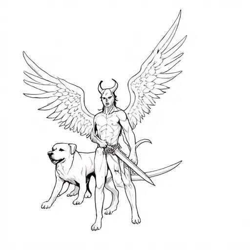 Half Demon Half Angel Holding Back A 3 Headed Dog In One Hand And A Great Sword In The Other Hand