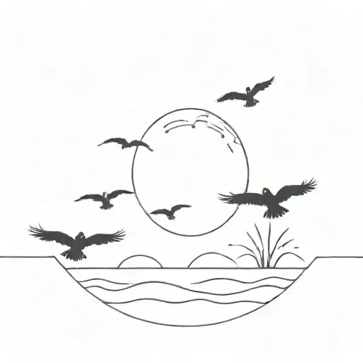 Water With Sun Setting On The Horizon And Three Black Birds Flying