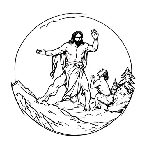 Jesus Temptation With Devil On Mountain Scene Depicted