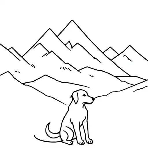 Dog Sitting By Cross With Mountains In Background