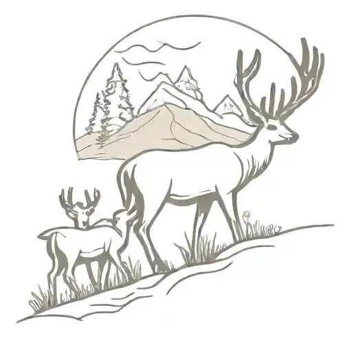 A Minimalist Design Of A Family Of Deer Hiking Through A Hilly Landscape