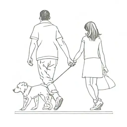 Man And Little Girl Walking A Dog With Their Backs To Us