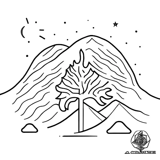 A Minimalist Tattoo Showcasing A Redwood Tree And Fine Line Mountains