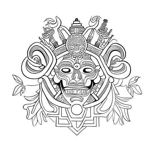 Ornamental Tattoo Design With Ancient Mayan Style That Incorporates Elements Of Pastimes And Botany