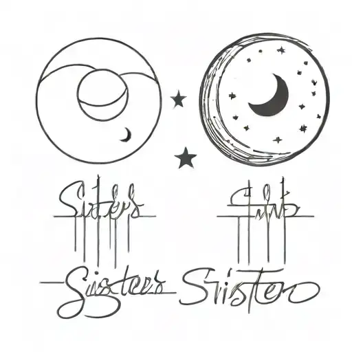 A Tattoo What Says In Thin Flowy Font Sisters Underneath 1 Of 3 With A Black Half Moon Next To It
