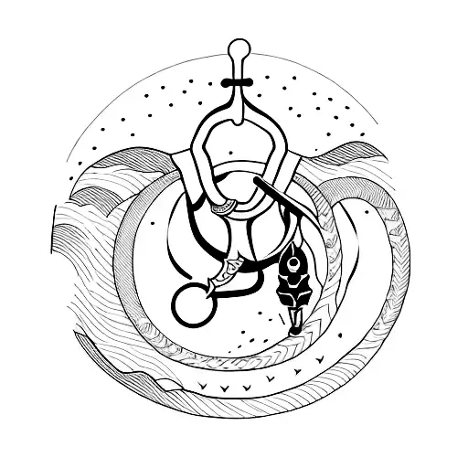 A Minimalist Tattoo Of A Doctor Free Diving Under A Crescent Moon