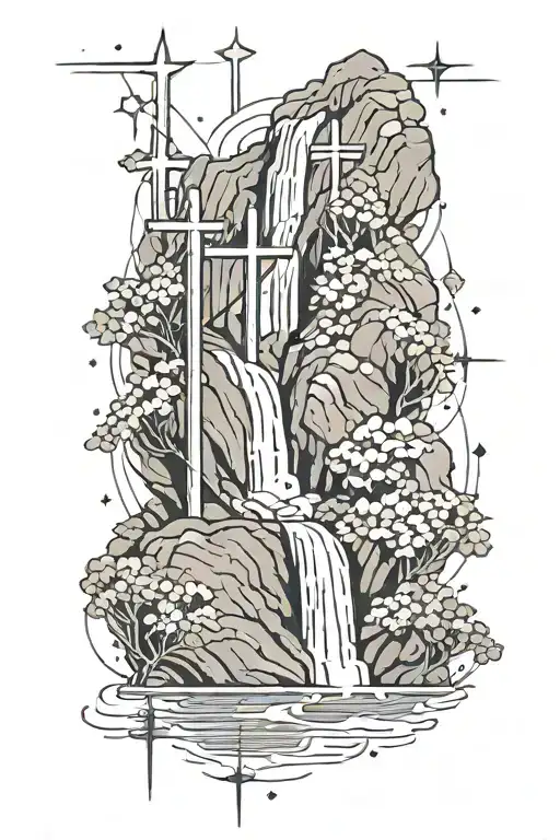 Waterfall With Crosses And Stars Forming