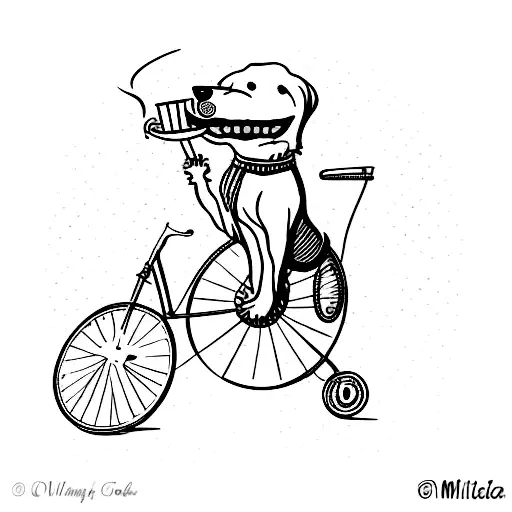 Groodle Dog Riding A Vintage Bicycle With A Cigar In Mouth