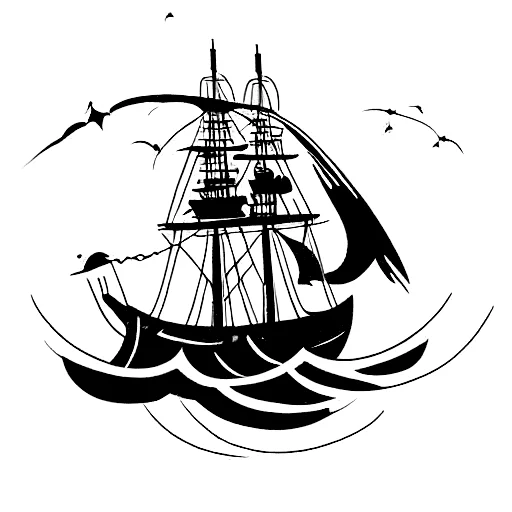 Man-of-war Ship In Dark Stormy Seas With Huge Grim Reaper In The Water