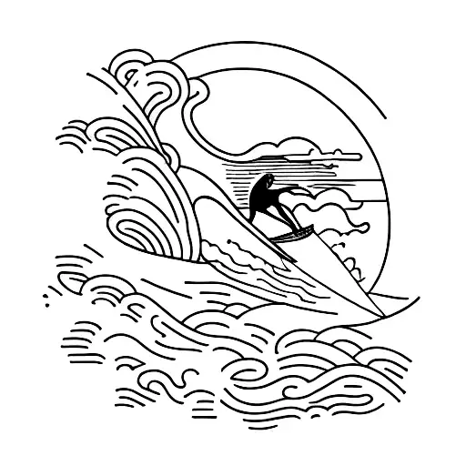 A Minimalist Tattoo Of A Surfer Riding A Massive Wave With A Beautiful Sunset In The Background