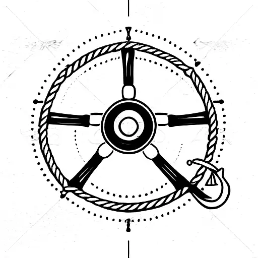Ship Steering Wheel With Ropes Water