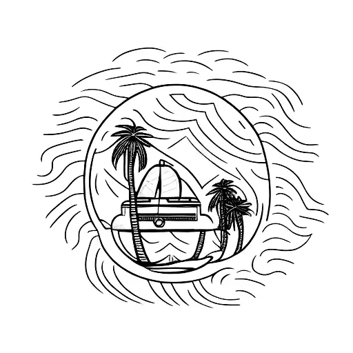 A Beach Scene With Palm Trees And A Spaceship Landing On The Shore