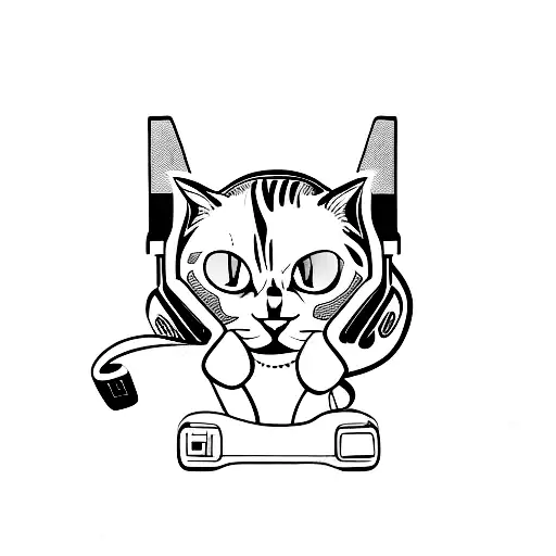 A Minimalist Tattoo Of A Cat Wearing Headphones And Holding A Game Controller