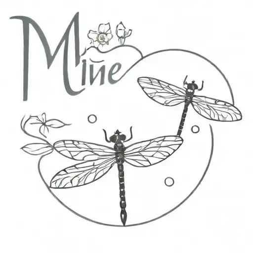 A Minimalist Tattoo Of Maisie Sophia Eve's Name With Delicate Dragonfly Accents
